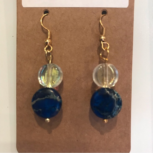 Hand Crafted Earrings w/ blue & clear beads that dangle from gold color wire - Picture 3 of 6
